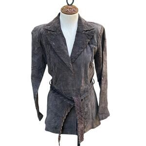 Vtg Y2K Marcelle Renee Brown Suede Leather Whipstitch Trench Coat Women's Small